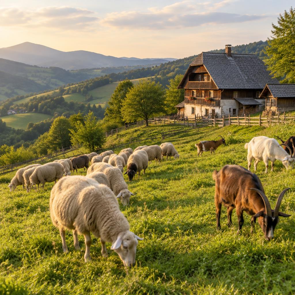 Ekološka kmetija z ovcami in kozami na zelenem pobočju